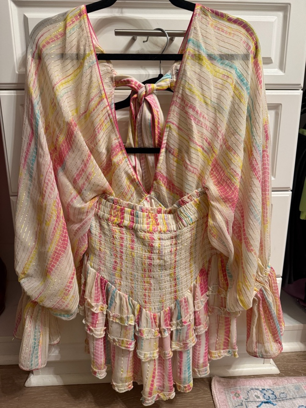 HEMANT & NANDITA Cream Mini Dress with Pink, Yellow & Blue Stripes